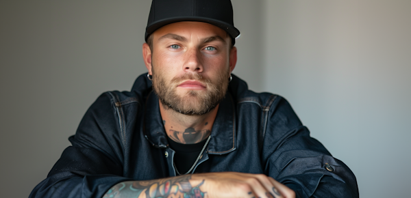 Portrait of a Tattooed Man with Blue Eyes