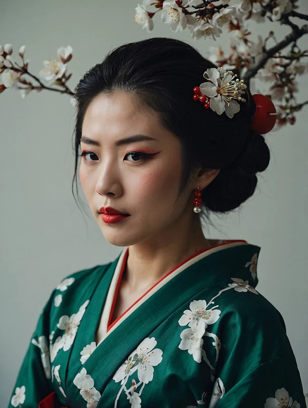 Woman in Traditional Kimono with Cherry Blossoms