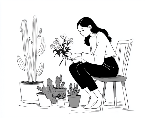 Tranquil Woman with Plants in Grayscale