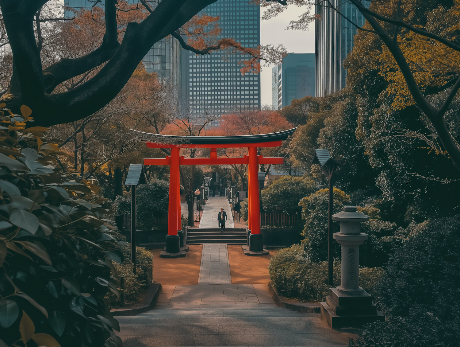 Urban Park with Red Torii Gate