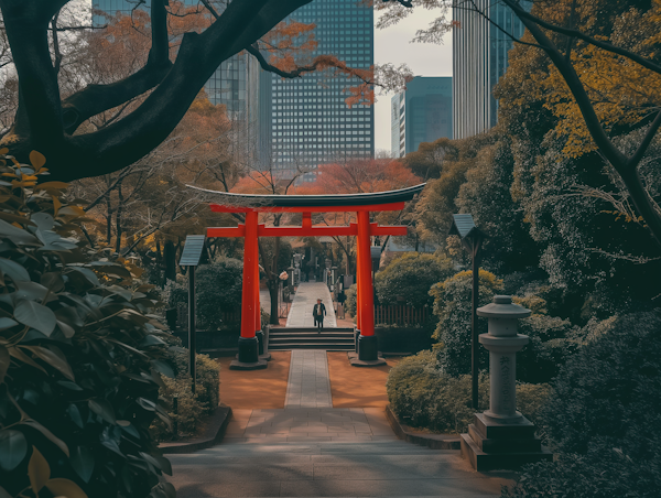 Urban Park with Red Torii Gate