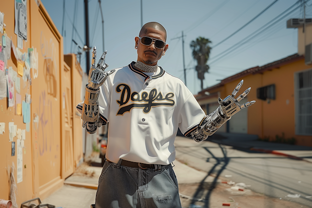 Chicano Man with Robotic Arms in Urban Alleyway