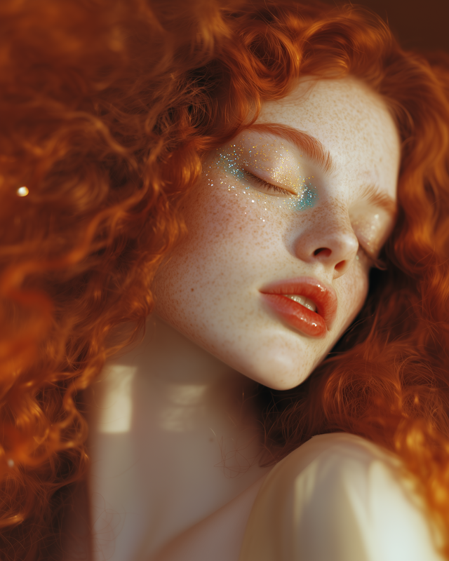 Serene Redhead with Glittery Makeup