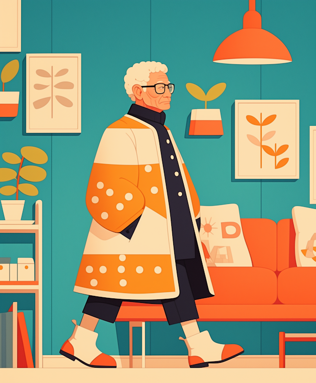 Elderly Person in Stylish Orange and White Coat