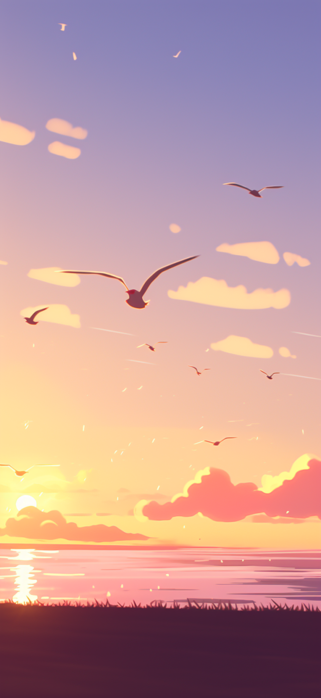 Tranquil Sunset with Soaring Seagulls