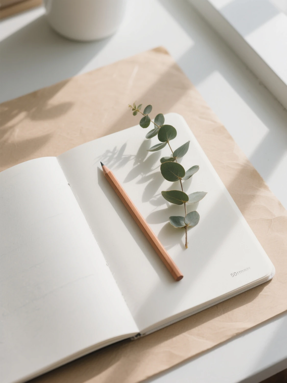 An open notebook and a wooden pencil on a desk in soft natural light
