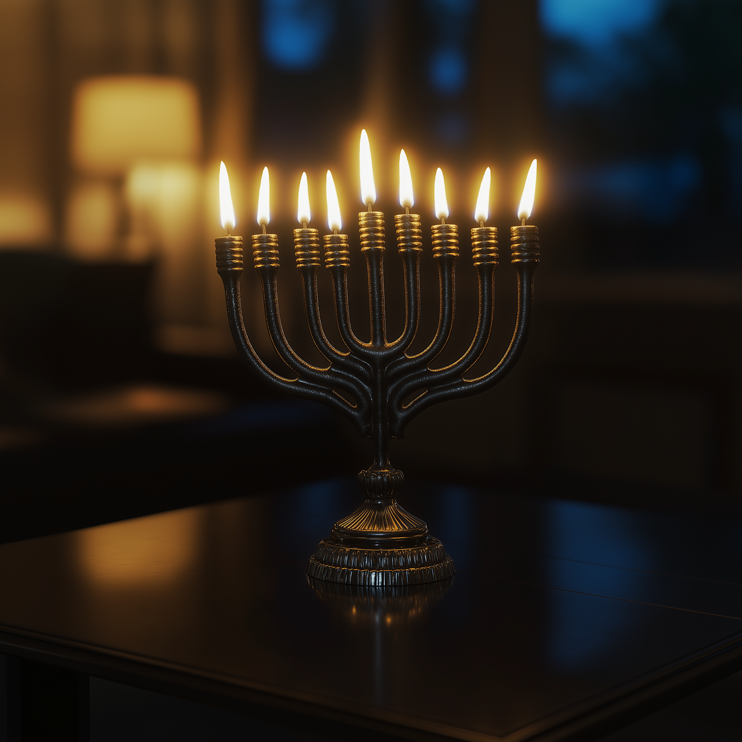 Lit Menorah in Tranquil Setting