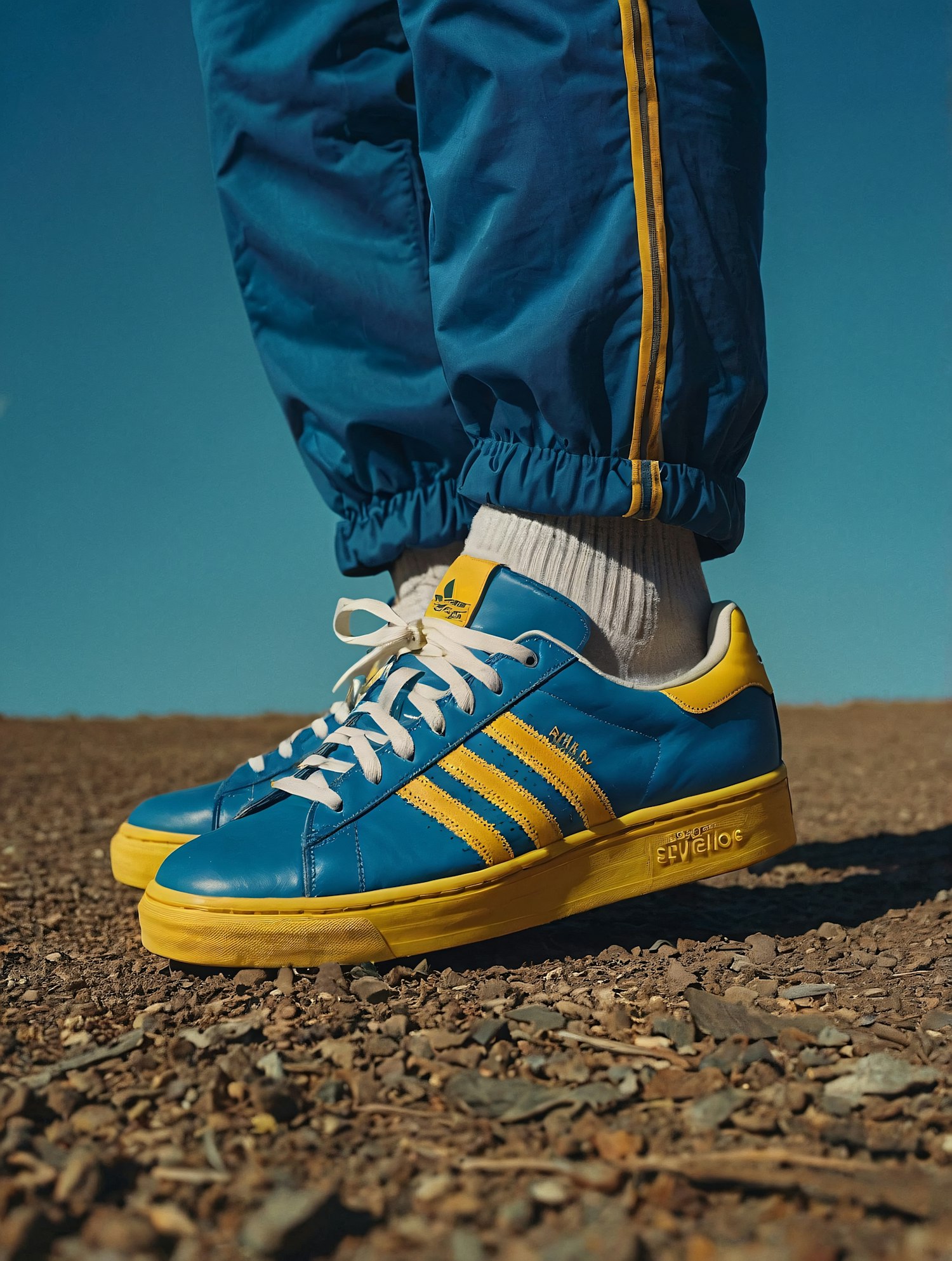 Blue and Yellow Sneakers on Rocky Ground