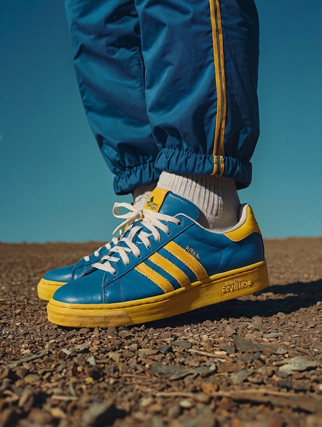 Blue and Yellow Sneakers on Rocky Ground