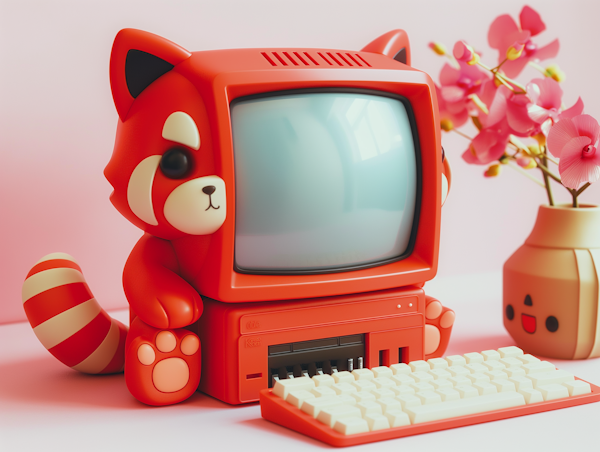 Whimsical Red Panda-Television Figurine with Vintage Keyboard