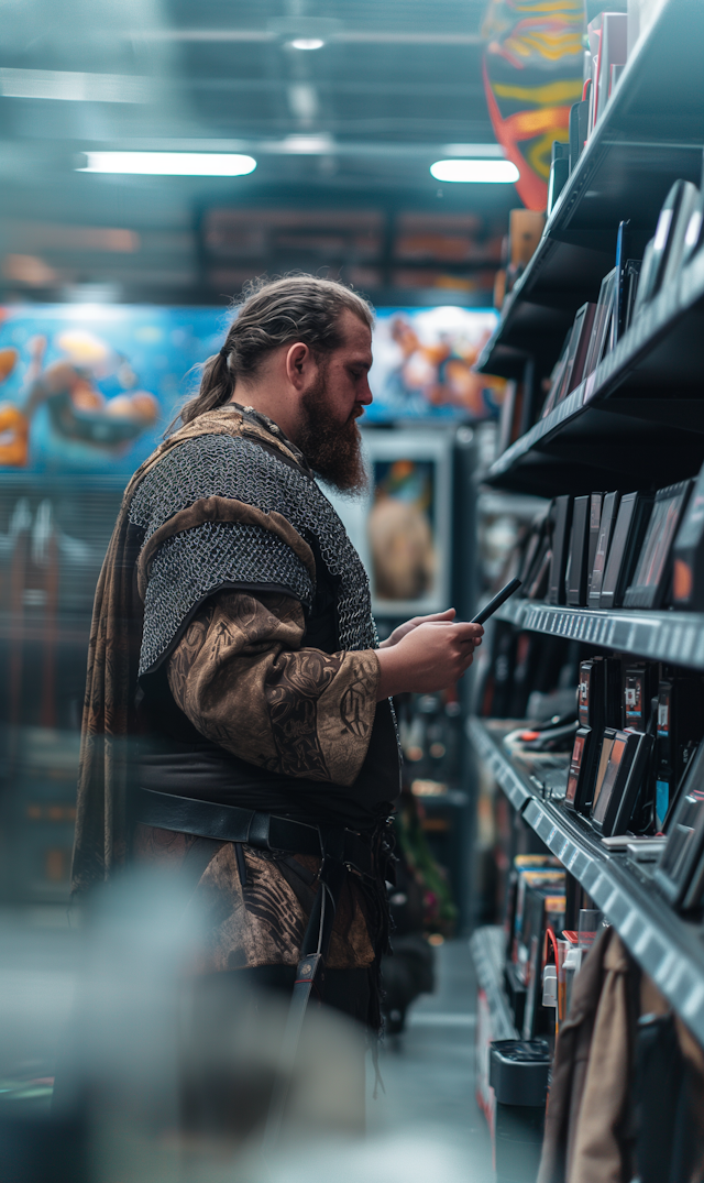 Man in Medieval Attire at Modern Shop