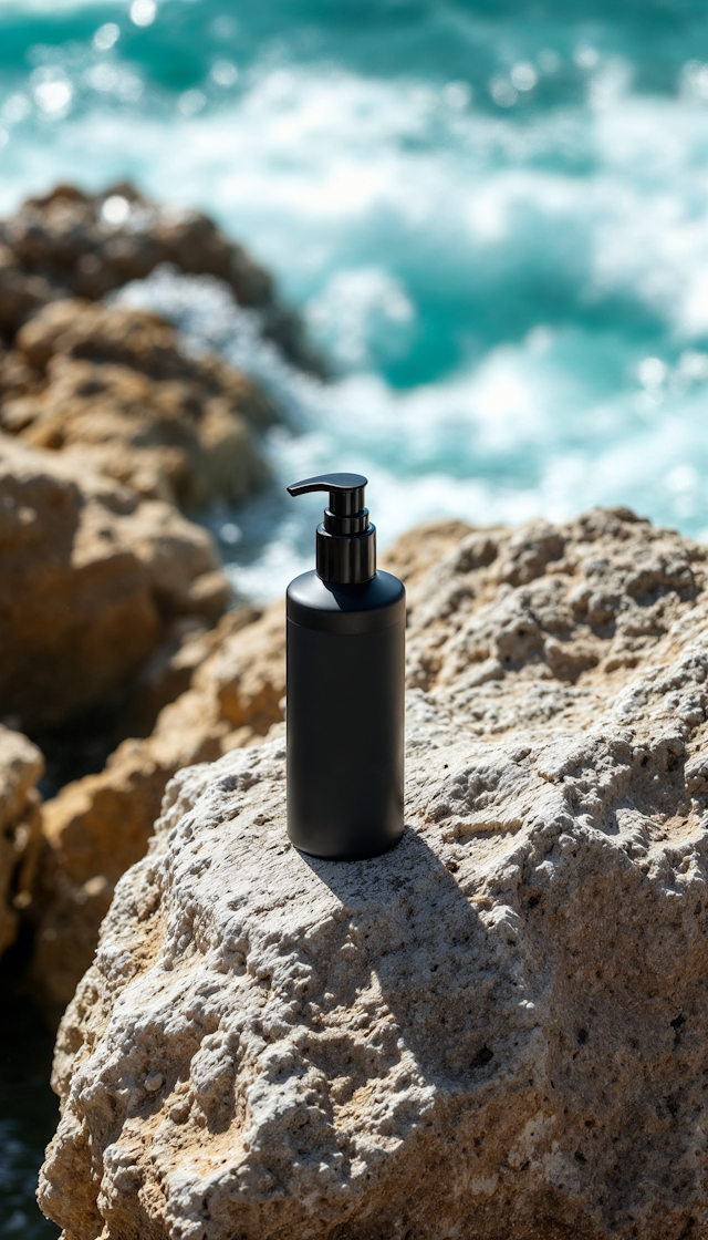 Sleek Black Pump Bottle on Rock