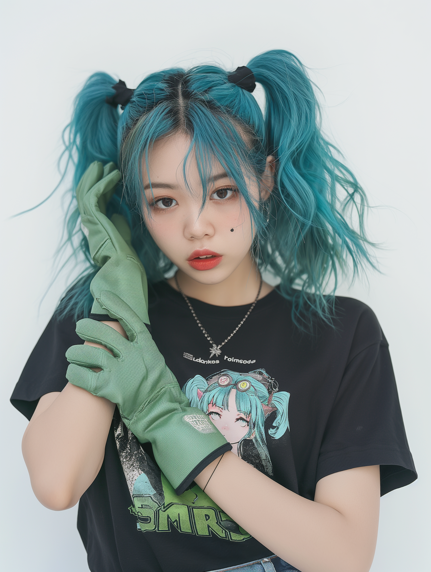 Young Woman with Teal Hair and Anime T-Shirt