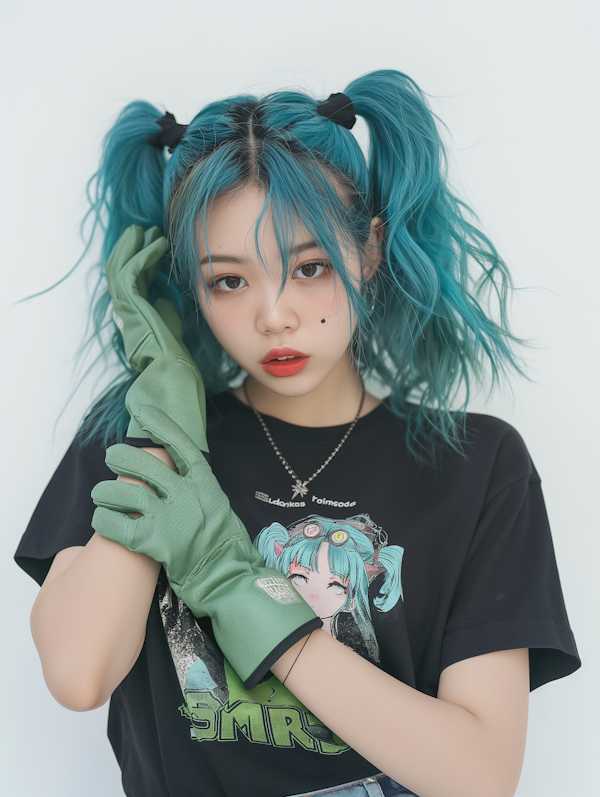 Young Woman with Teal Hair and Anime T-Shirt