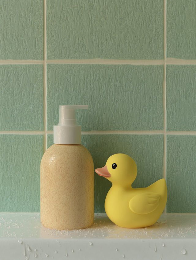 Rubber Duck and Pump Bottle on Bathroom Shelf