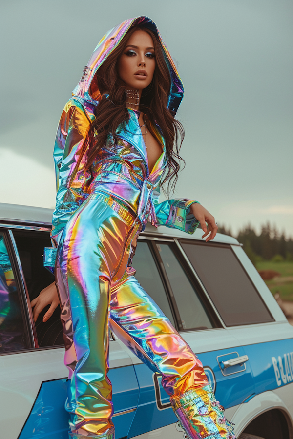 Woman in Multicolored Outfit and Vintage Car