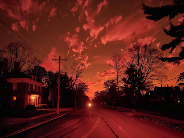 Crimson Sky Over Suburban Street at Dusk