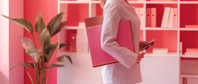 Woman in Professional Attire with Binder and Tablet