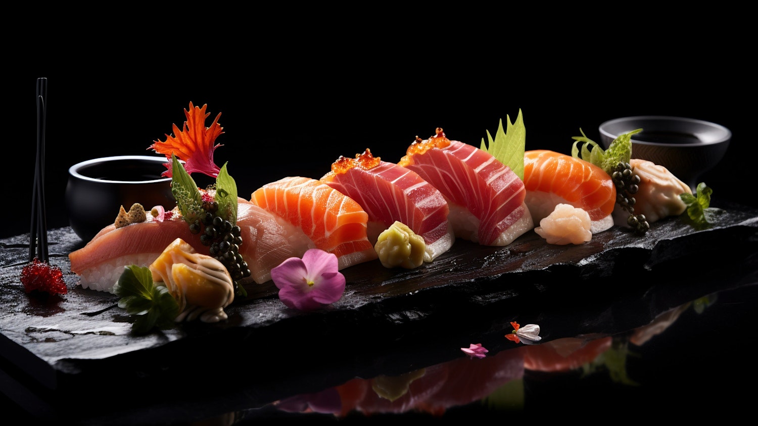 Artistic Sushi Arrangement on Black Stone