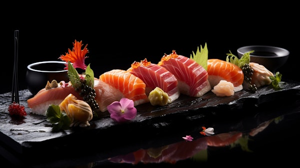 Artistic Sushi Arrangement on Black Stone