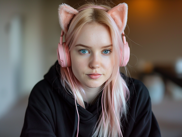 Serene Young Woman with Cat-Ear Headphones