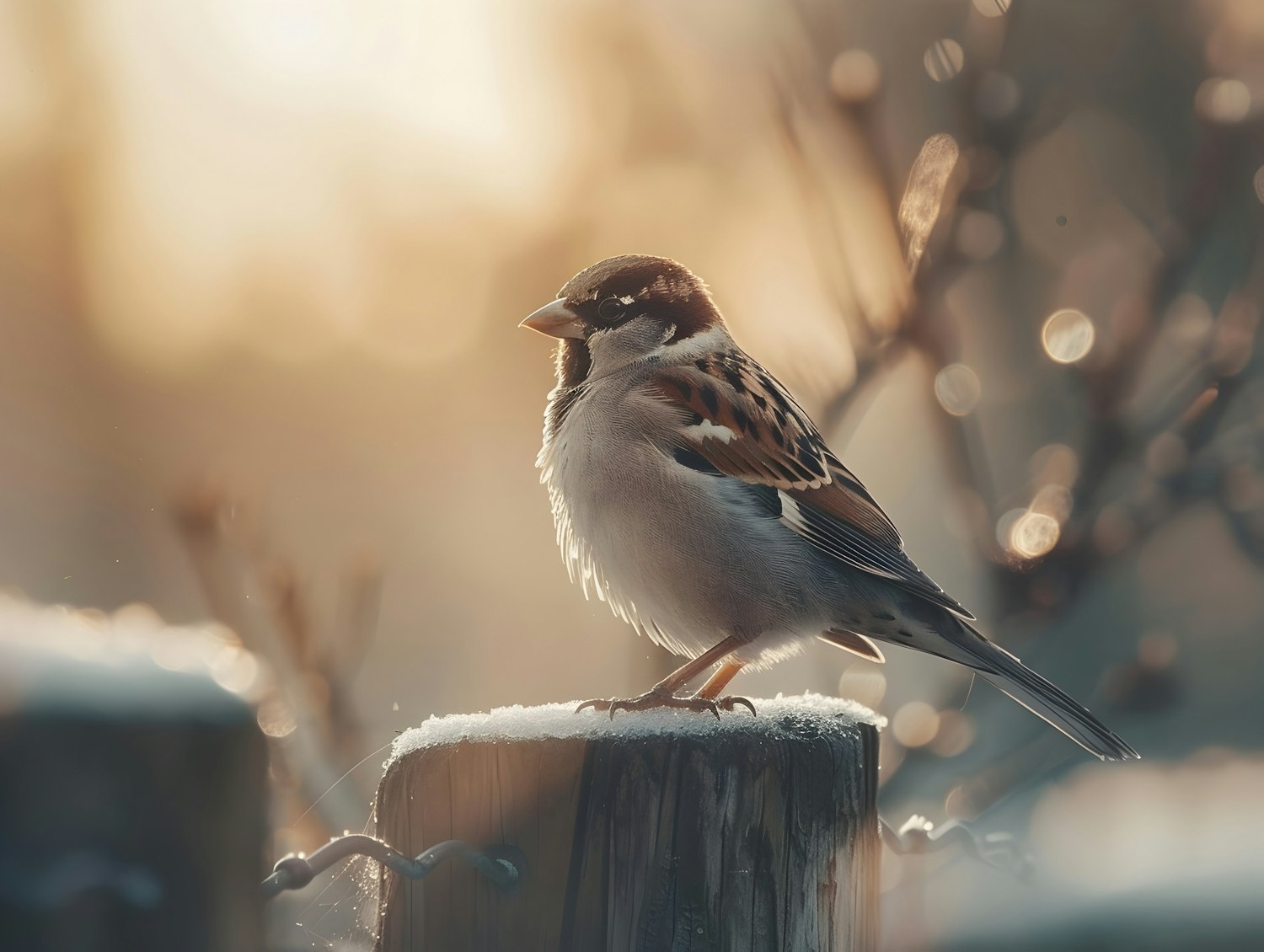 Sparrow on Snowy Post