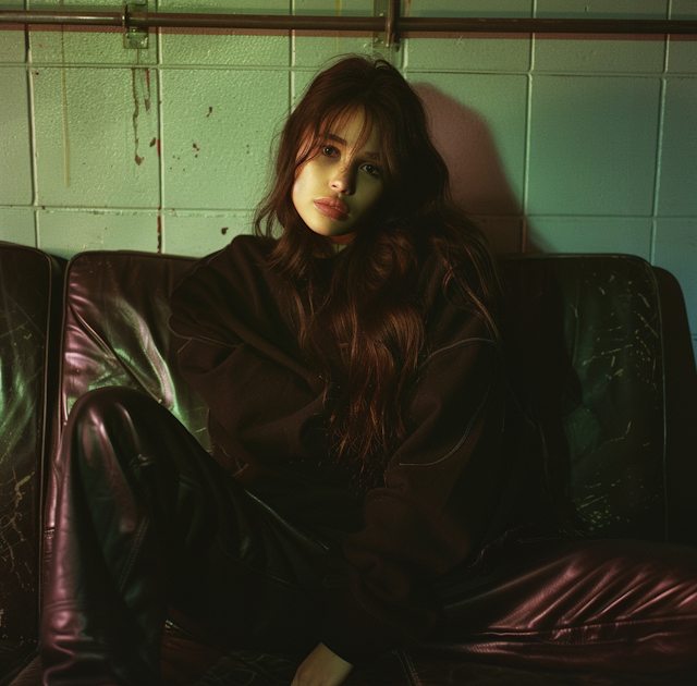 Contemplative Young Woman on Vintage Sofa