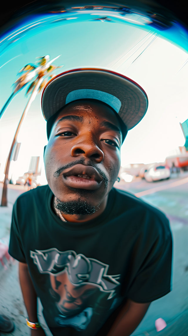 Fish-Eye Lens Portrait of Man in Casual Attire