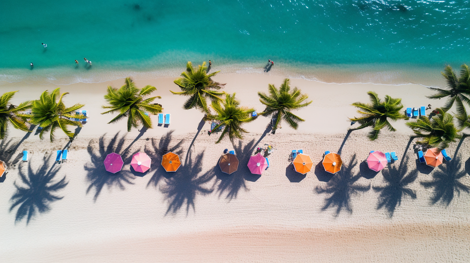 Tropical Serenity: Umbrellas and Palms by the Azure Sea