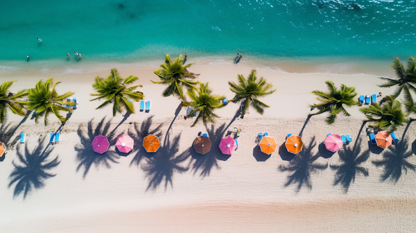 Tropical Serenity: Umbrellas and Palms by the Azure Sea