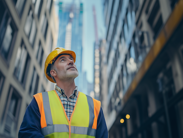 Contemplative Construction Worker in Urban Setting