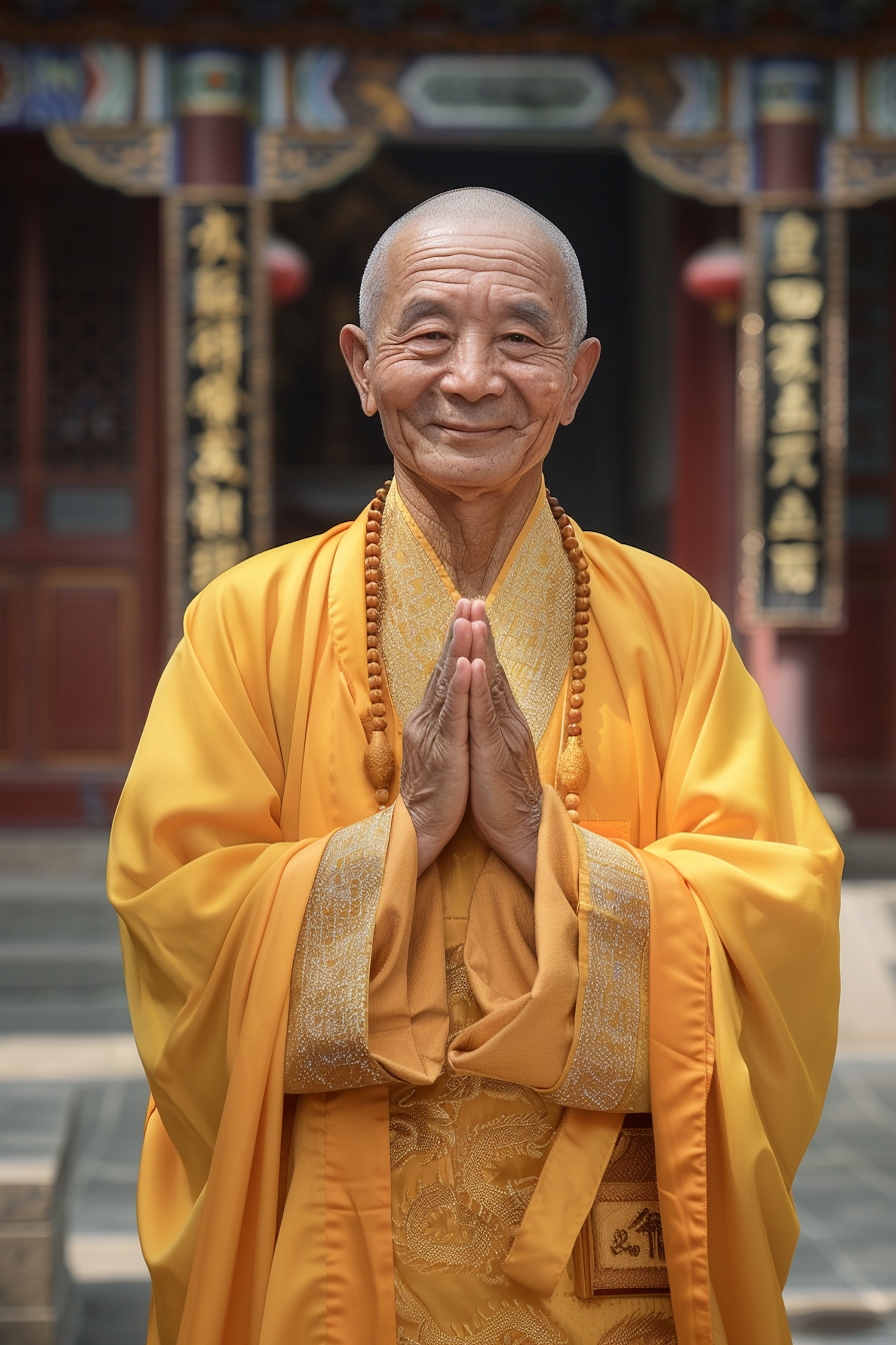 Smiling Elderly Asian Monk in Prayer