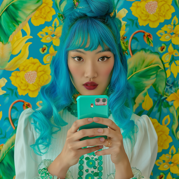 Blue Haired Woman with Smartphone
