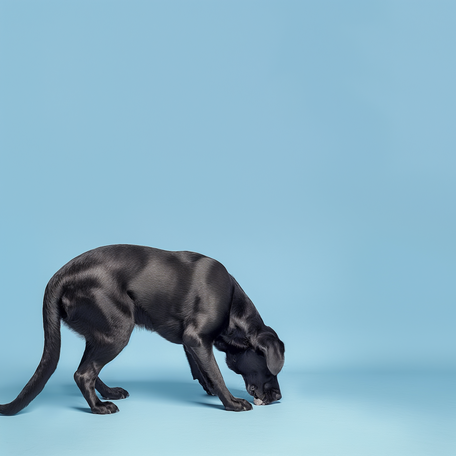 Engaged Black Dog against Light Blue Background