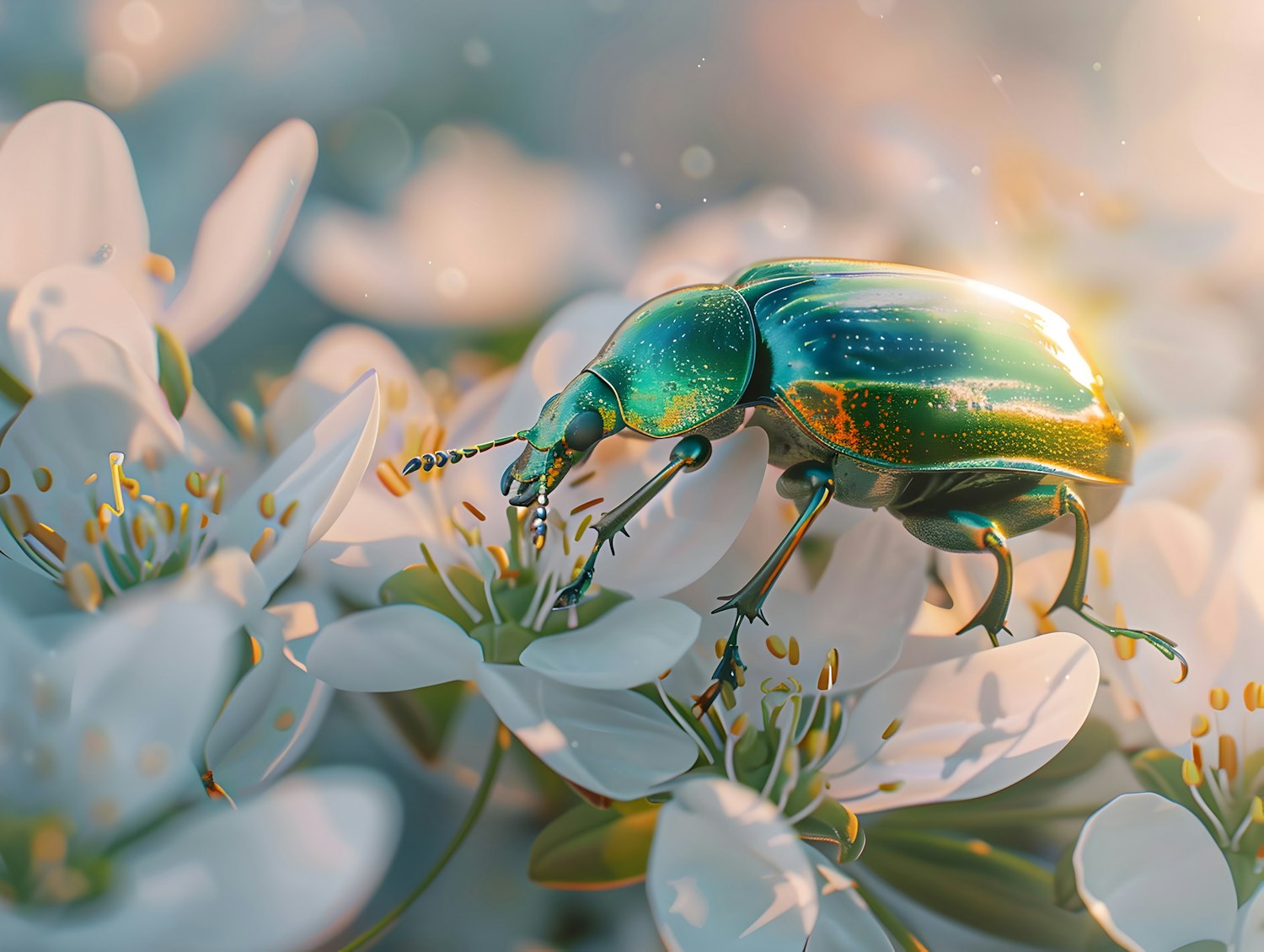 Metallic Green Beetle on White Flowers