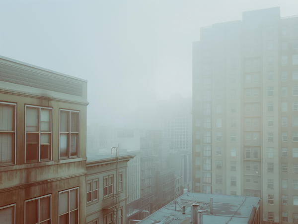 Misty Cityscape with Contrasting Architecture