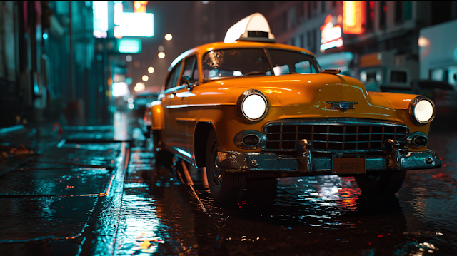 Noir Reflections: Vintage Taxi on a Rainy City Night