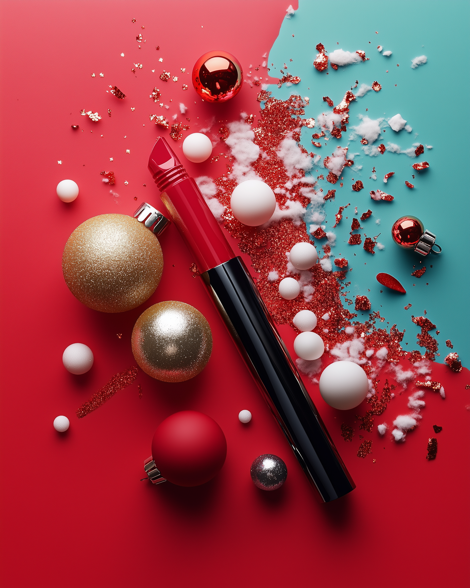 Festive Glamour with Lipstick and Ornaments