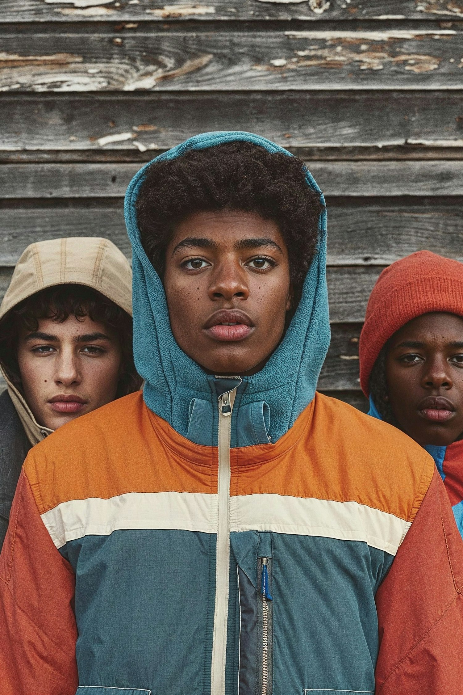 Three Youths Against Wooden Background