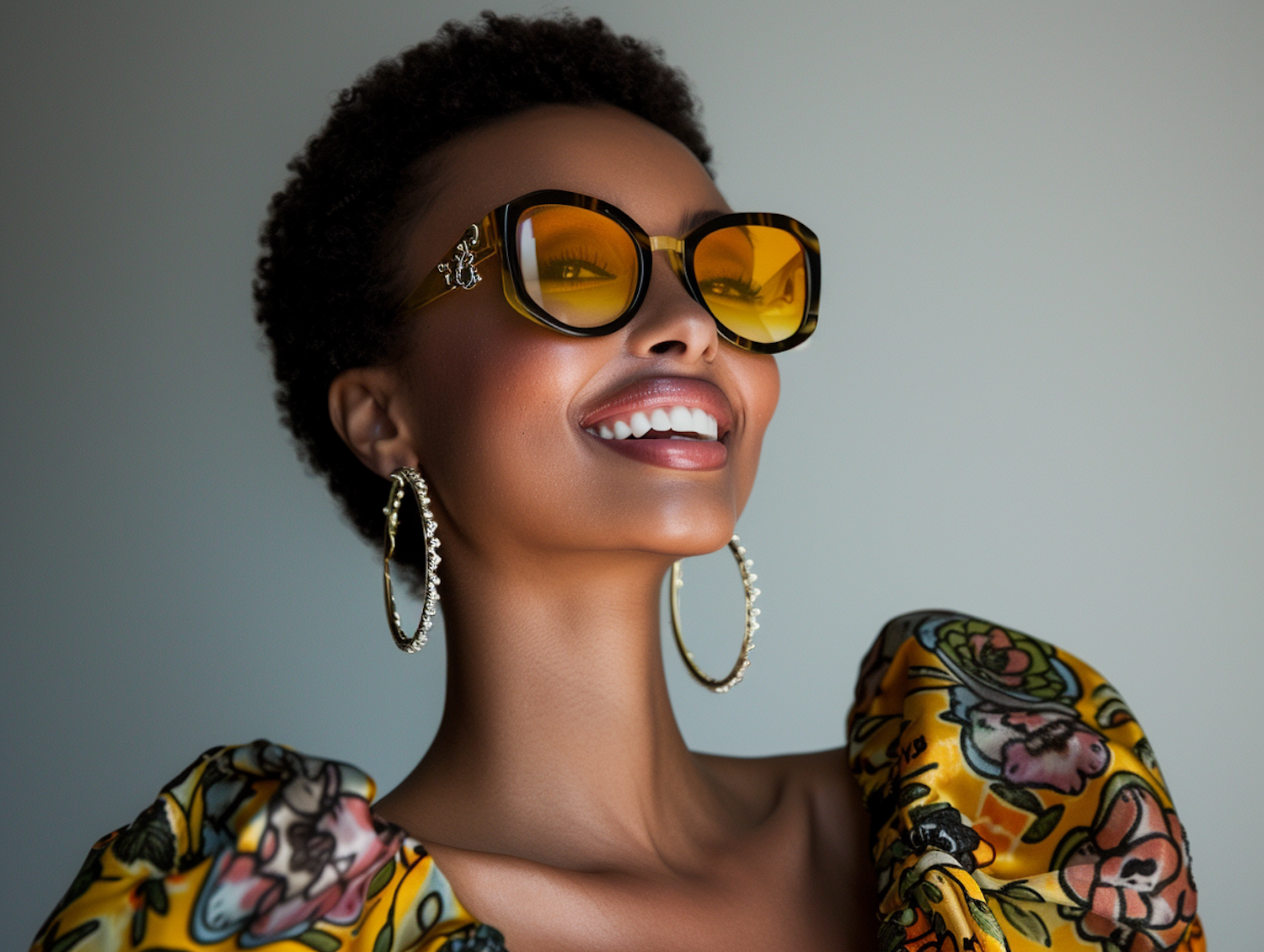 Cheerful Woman in Stylish Sunglasses and Floral Attire