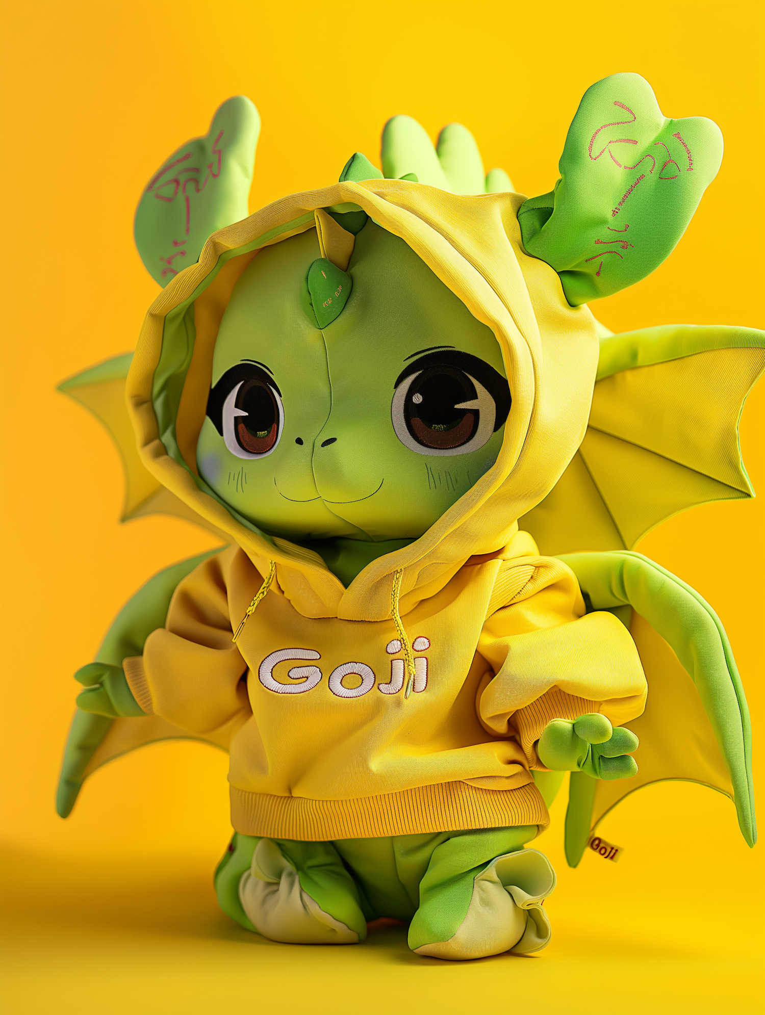 Anthropomorphized Green Character in Yellow Hoodie