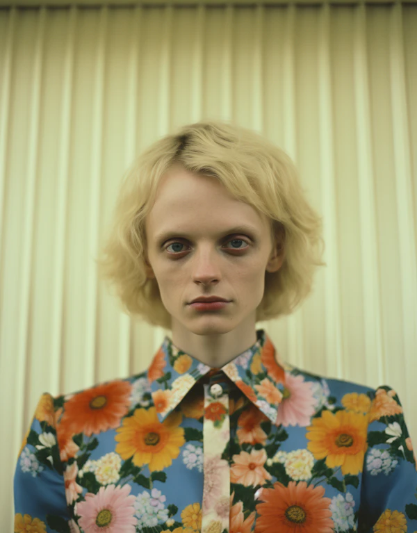 Contemplative Blue-eyed Youth with Floral Elegance