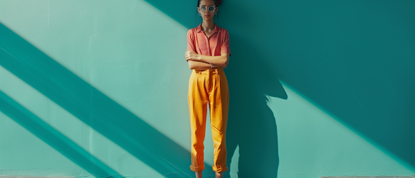 Fashion Forward Woman against Turquoise Wall