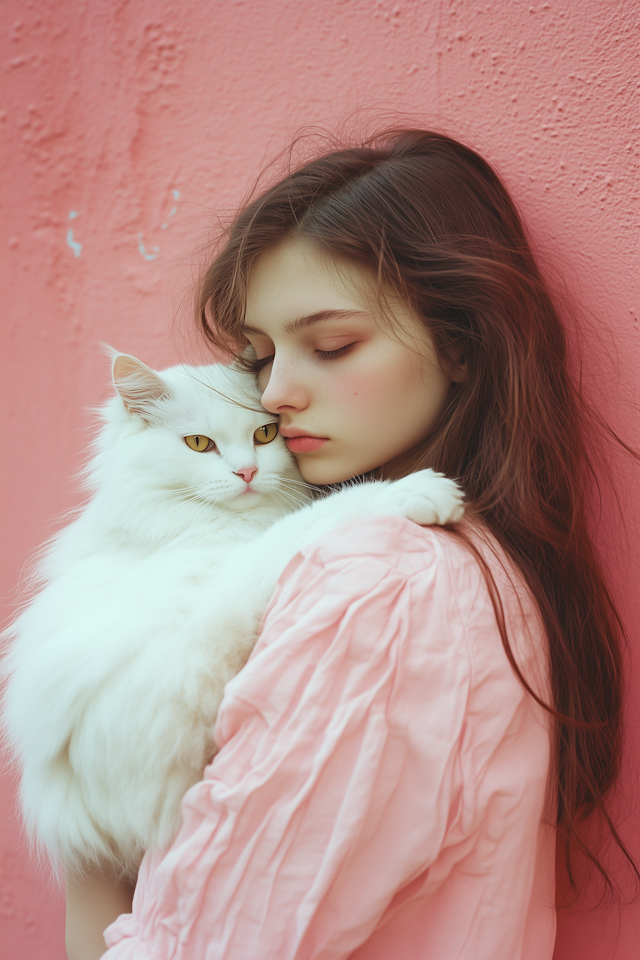 Woman with Cat Against Pink Wall