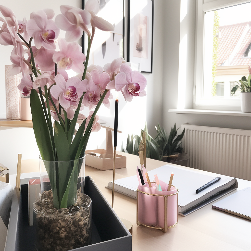 Serene Home Office with Orchid Photo on Lummi