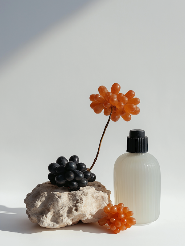 Minimalist Arrangement with Grapes and Bottle