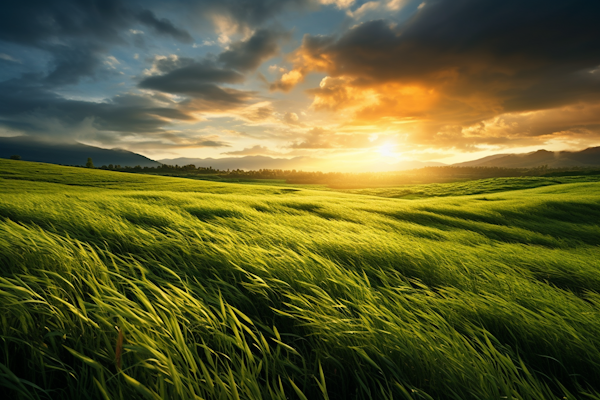 Golden Sunset Serenity with Lush Meadows and Distant Mountains