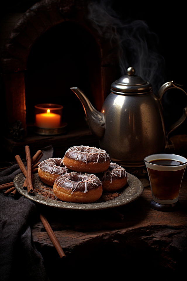 Cozy Tea Time Still Life with Doughnuts and Cinnamon