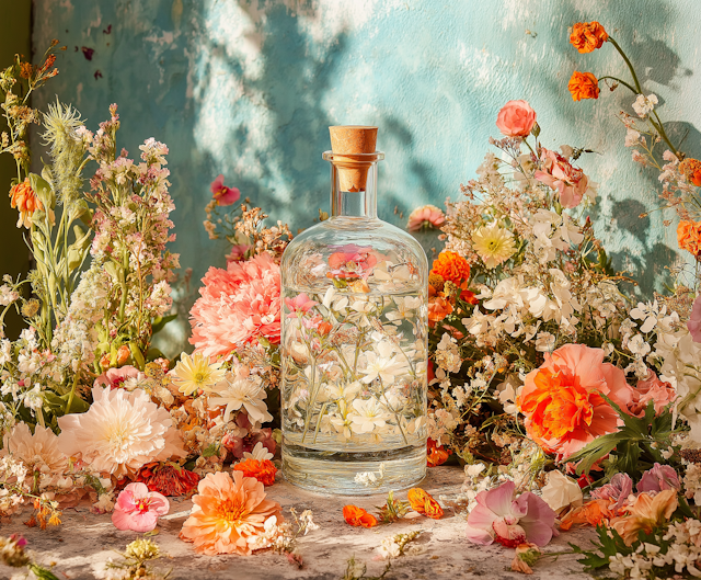 Floral Arrangement with Glass Bottle