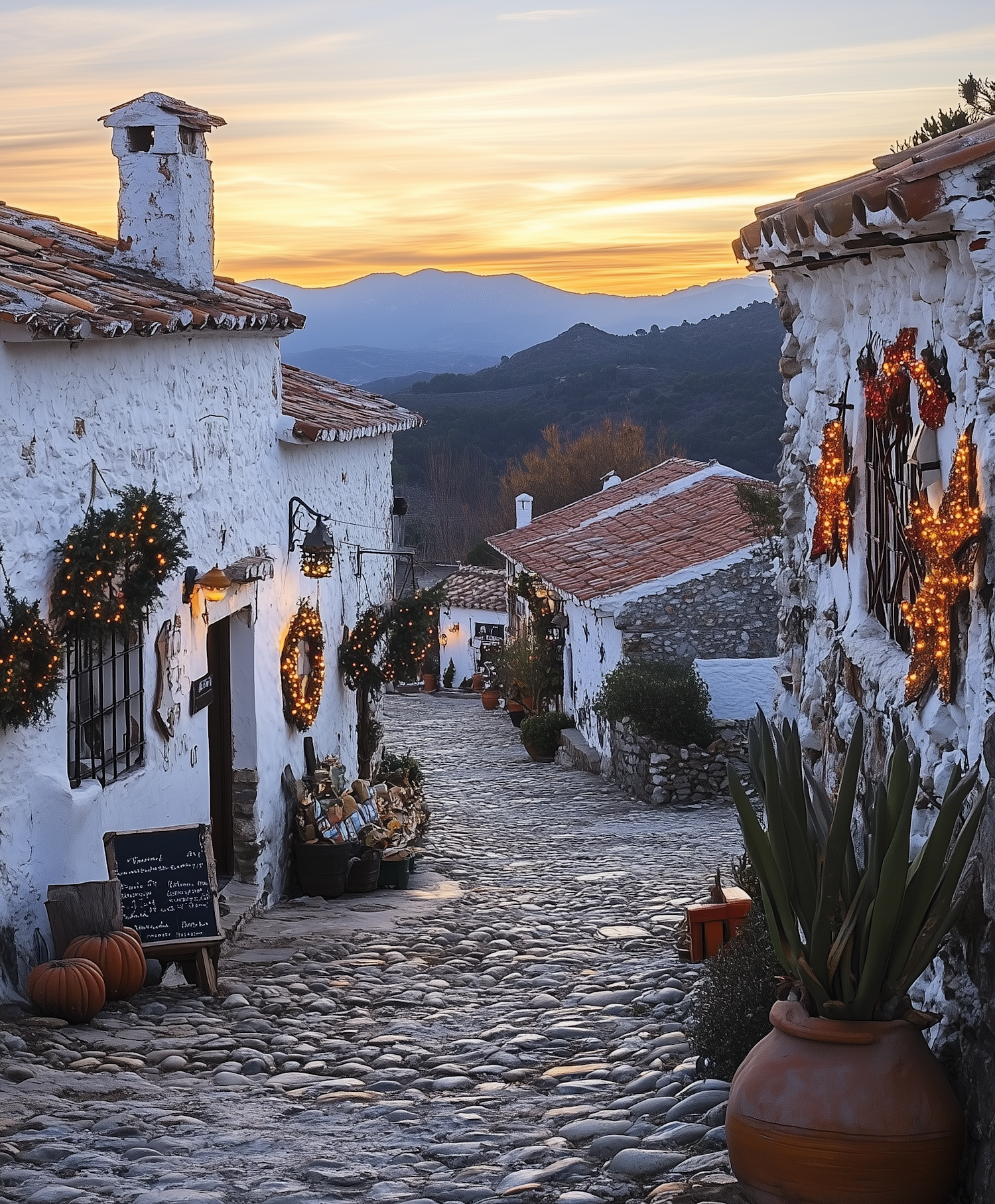 Charming Cobblestone Street at Sunset